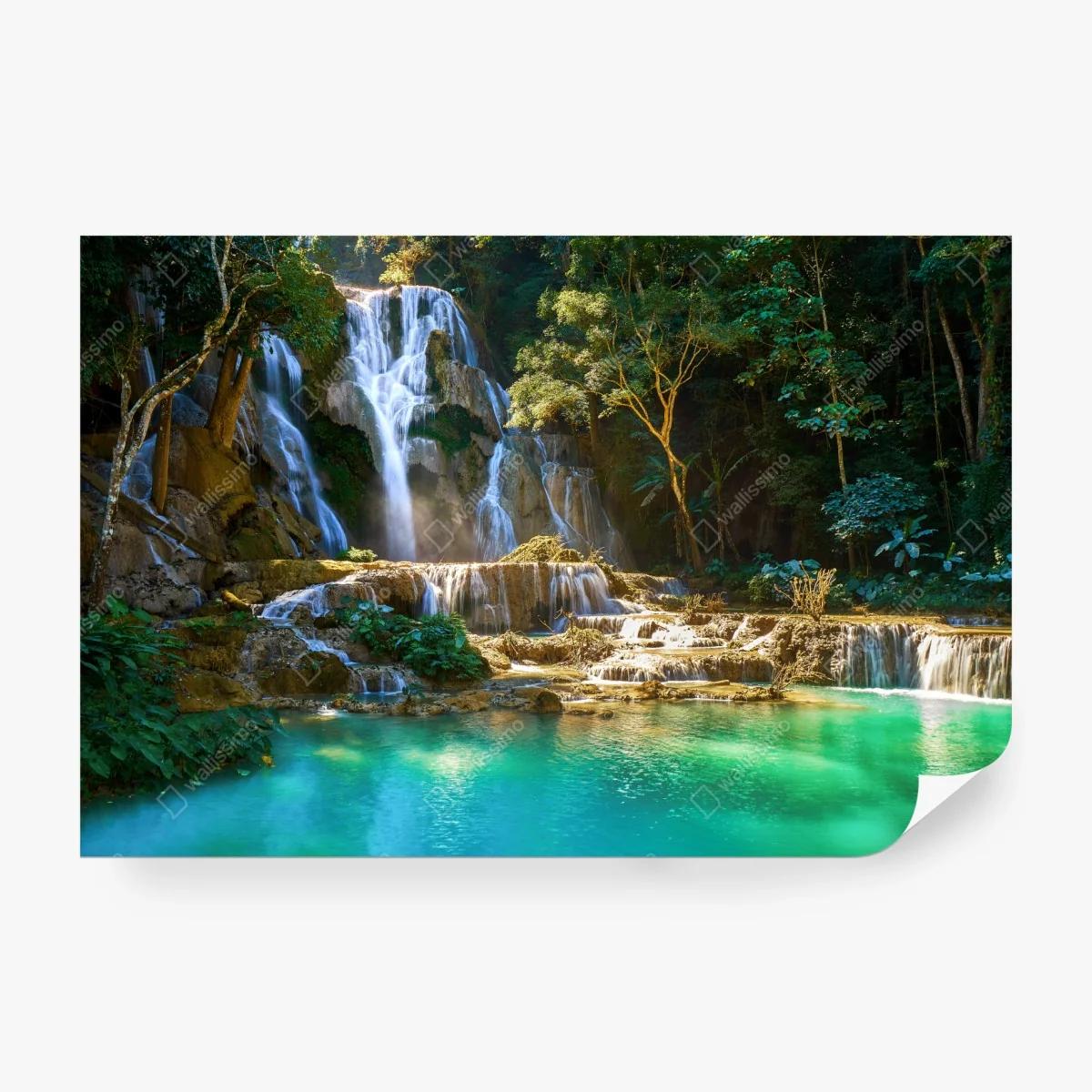 Fototapete türkisfarbener wasserfall im üppigen wald – Wallnifity®