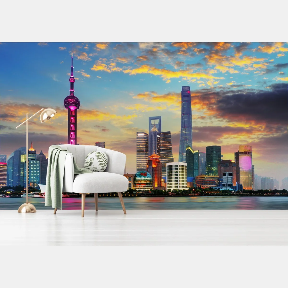 Fototapete Shanghai skyline bei sonnenuntergang – Wallnifity® Fototapete Shanghai skyline bei sonnenuntergang – Wallnifity®