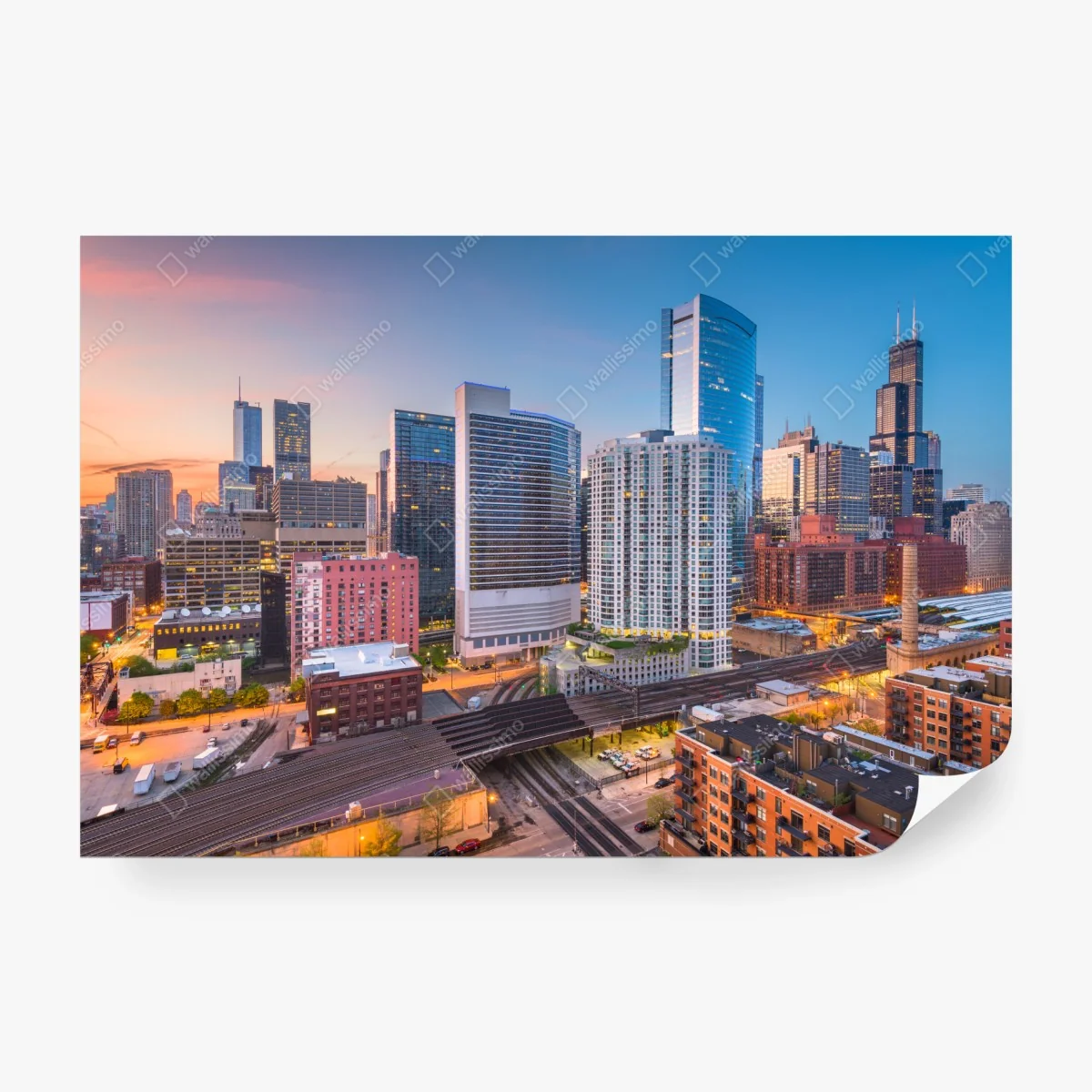 Fototapete Chicago skyline bei dämmerung – Wallnifity® Fototapete Chicago skyline bei dämmerung – Wallnifity®
