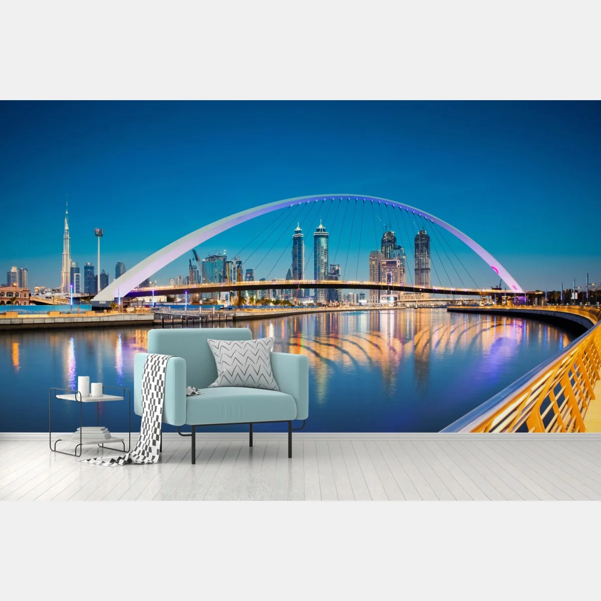 Fototapete Dubai skyline bei nacht mit beleuchteter brücke – Wallnifity® Fototapete Dubai skyline bei nacht mit beleuchteter brücke – Wallnifity®