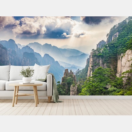 Fototapete neblige bergklippen mit sonnenstrahlen – Wallnifity®