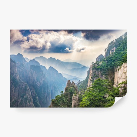 Fototapete neblige bergklippen mit sonnenstrahlen – Wallnifity®