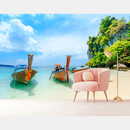 Fototapete longtail-boote am türkisfarbenen strand von Phuket – Wallnifity®
