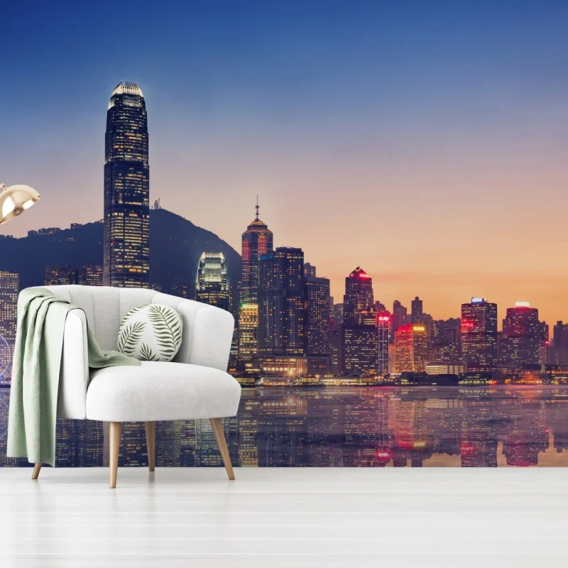 Fototapete Hongkong panorama bei dämmerung – Wallnifity® Fototapete Hongkong panorama bei dämmerung – Wallnifity®