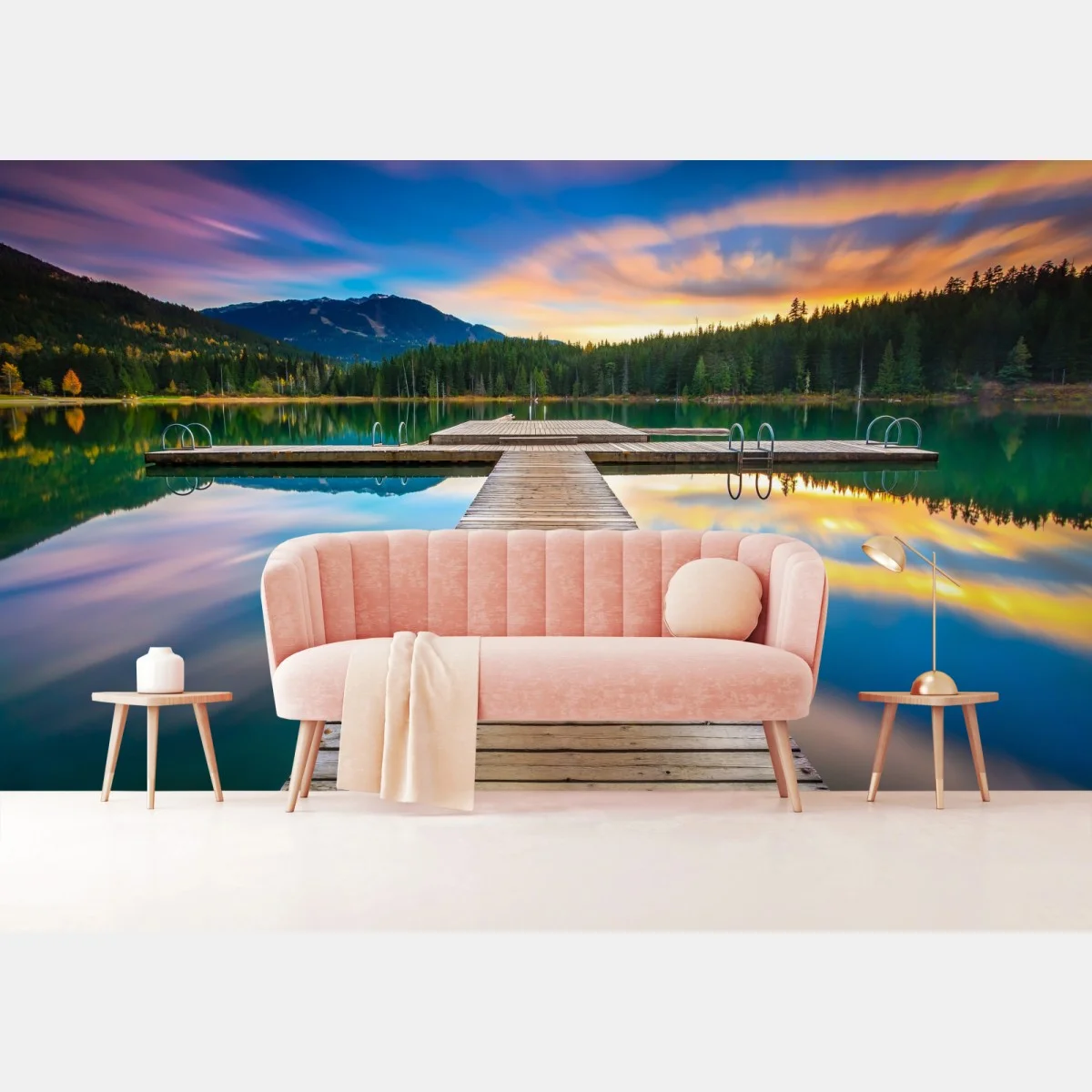 Fototapete ruhiger bergsee im sonnenuntergang – Wallnifity® Fototapete ruhiger bergsee im sonnenuntergang – Wallnifity®