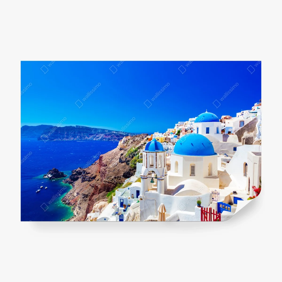 Fototapete Santorini blaue kuppeln über dem Ägäischen Meer – Wallnifity®
