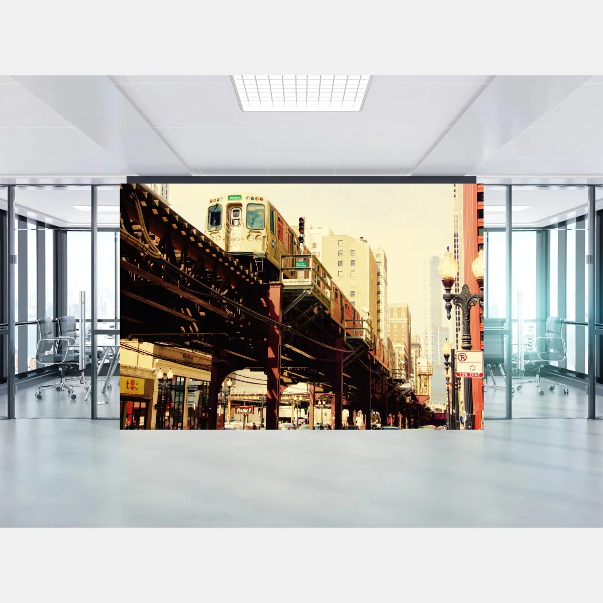 Fototapete retro hochbahn über der stadtstraße – Wallnifity® Fototapete retro hochbahn über der stadtstraße – Wallnifity®