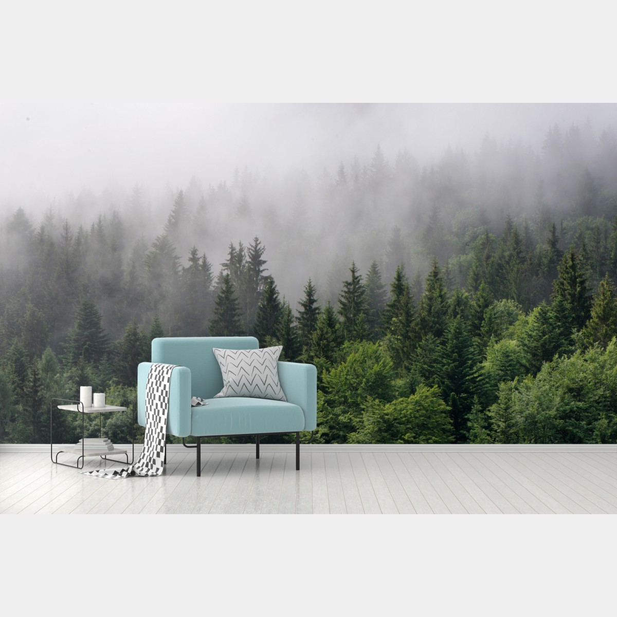 Fototapete nebliger immergrüner wald panorama – Wallnifity®