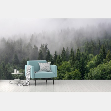 Fototapete nebliger immergrüner wald panorama – Wallnifity®
