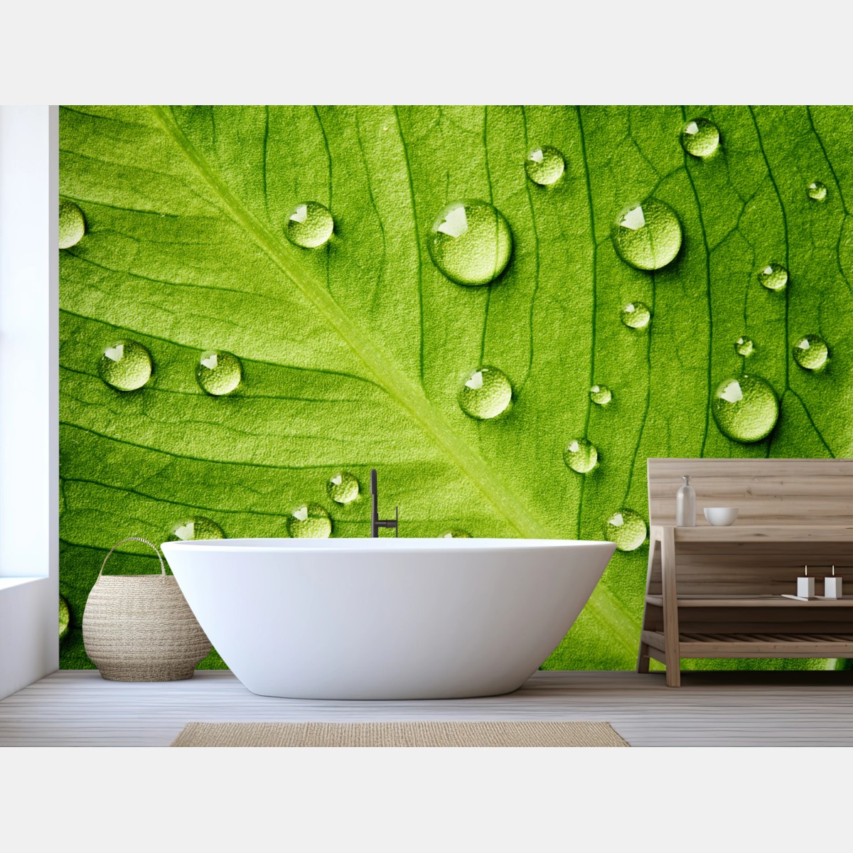 Fototapete frisches grünes blatt mit wassertropfen – Wallnifity®