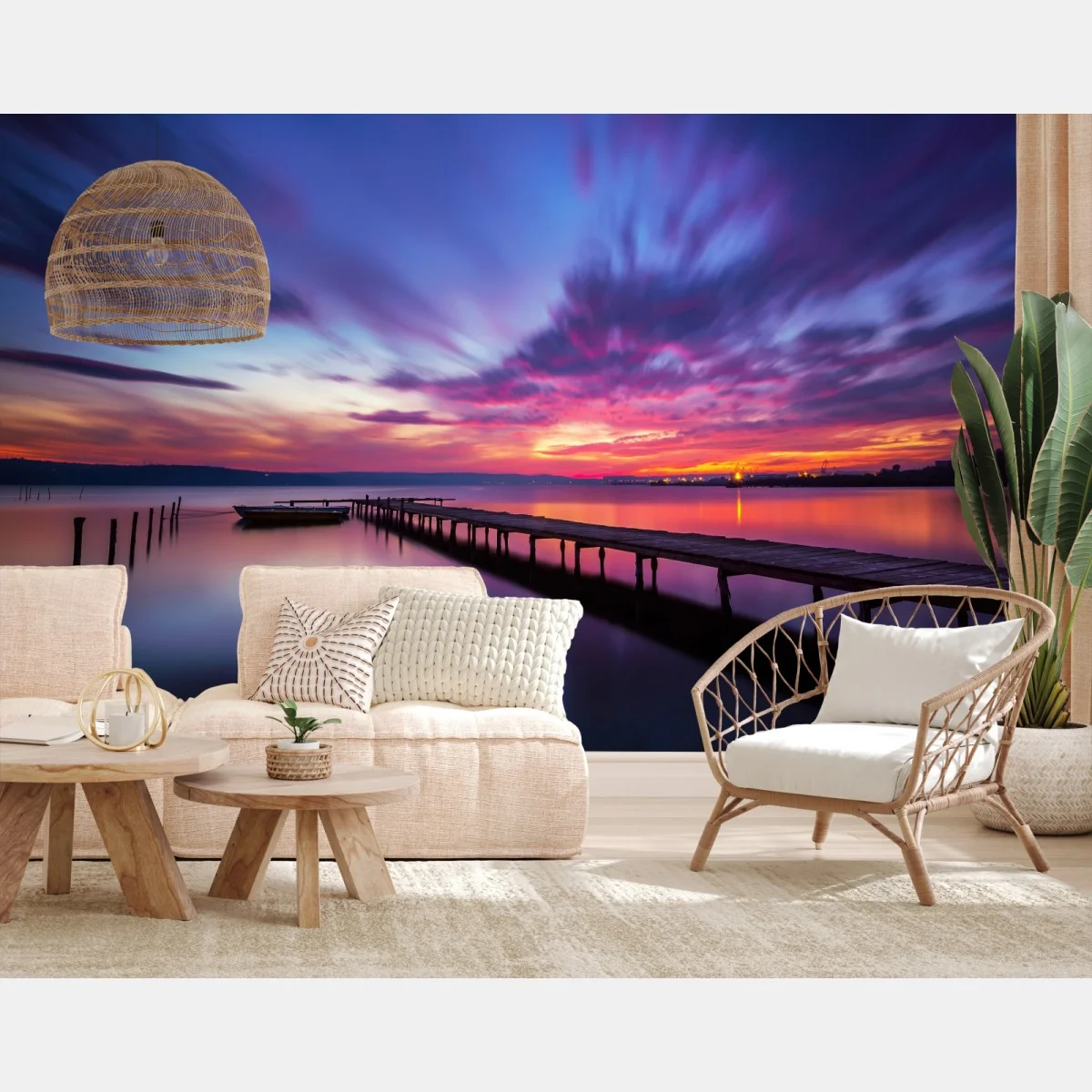 Fototapete sonnenuntergang über ruhigem see mit hölzernem steg – Wallnifity® Fototapete sonnenuntergang über ruhigem see mit hölzernem steg – Wallnifity®