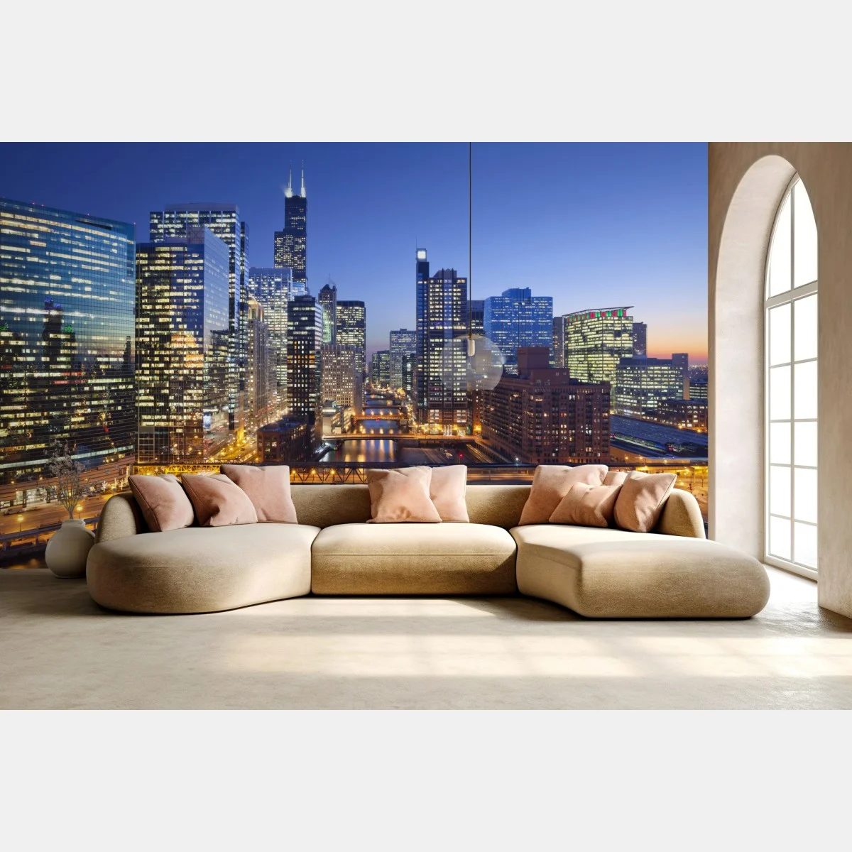 Fototapete Chicago skyline bei dämmerung – Wallnifity® Fototapete Chicago skyline bei dämmerung – Wallnifity®
