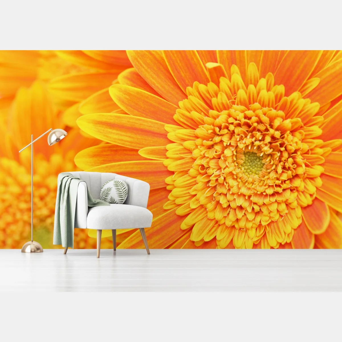 Fototapete leuchtende orange gerbera in makro – Wallnifity® Fototapete leuchtende orange gerbera in makro – Wallnifity®