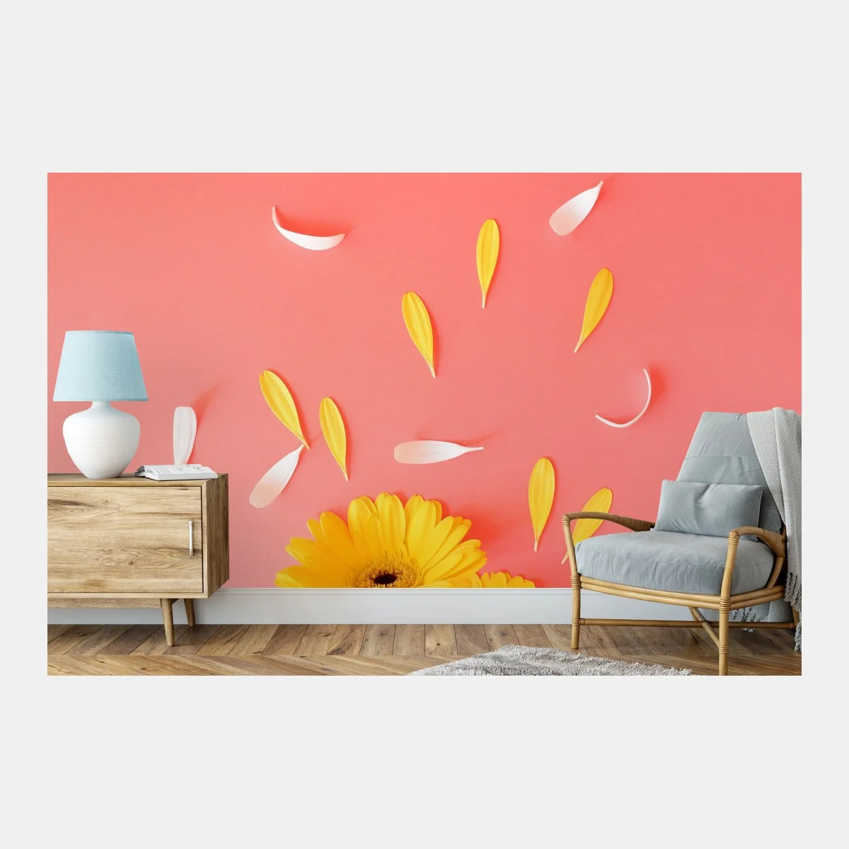 Fototapete sonnige gelbe gerbera auf korallfarbenem hintergrund – Wallnifity® Fototapete sonnige gelbe gerbera auf korallfarbenem hintergrund – Wallnifity®