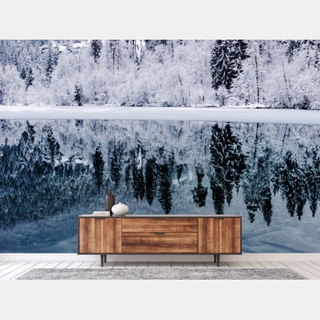 Fototapete winterlicher see mit spiegelung im verschneiten wald – Wallnifity®