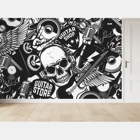 Fototapete rock-collage mit schädel und gitarre – Wallnifity®