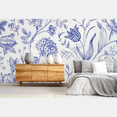 Fototapete klassisches blaues toile blumenmuster – Wallnifity®