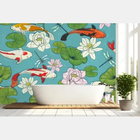 Fototapete ruhiger koi-teich mit lotuspflanzen – Wallnifity®