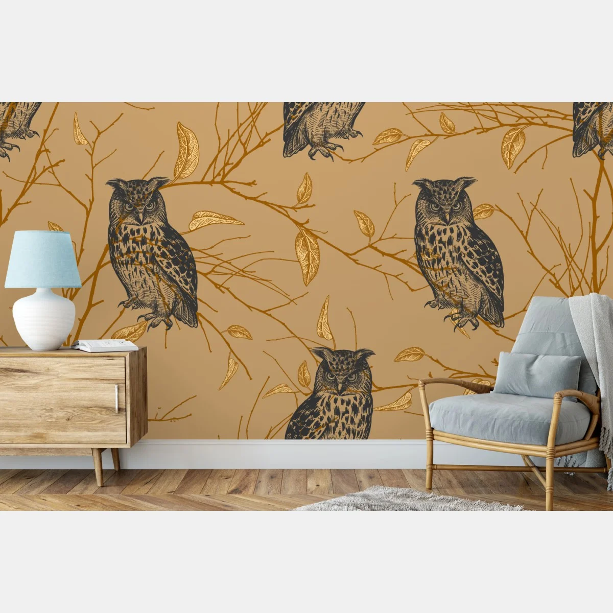 Fototapete goldenes eulenmuster auf beigem hintergrund – Wallnifity® Fototapete goldenes eulenmuster auf beigem hintergrund – Wallnifity®