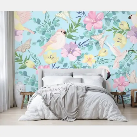 Fototapete pastell tropisches vögel- und blumenmuster – Wallnifity®
