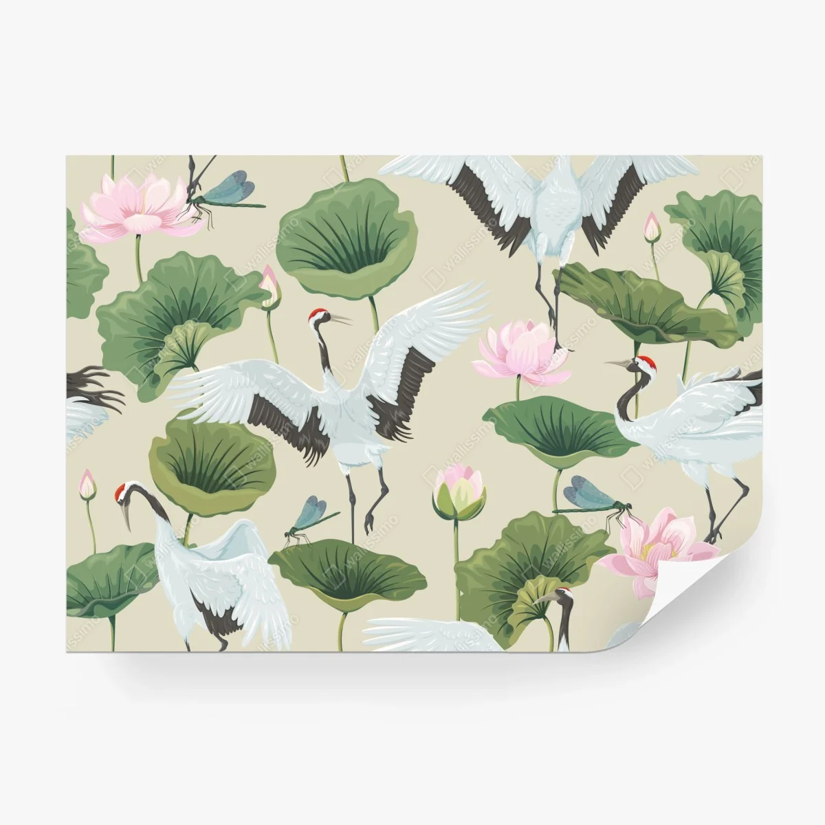 Fototapete elegantes muster mit kranichen und lotusblumen – Wallnifity®