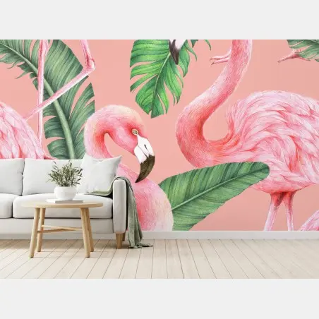 Fototapete rosa flamingo muster mit tropischen blättern – Wallnifity®