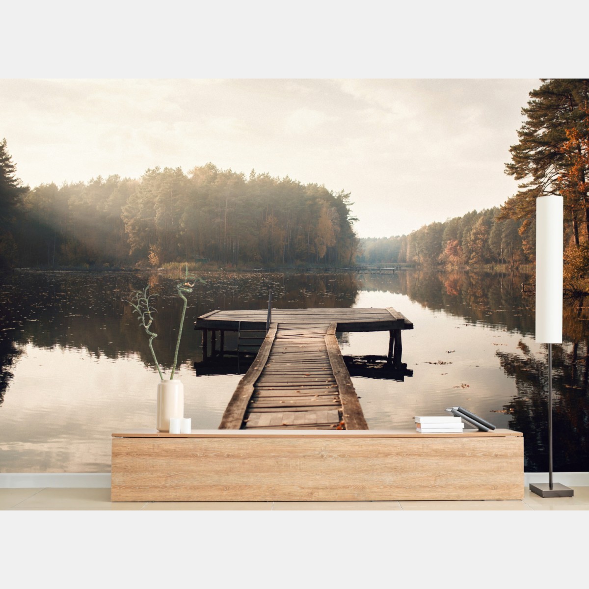 Fototapete herbstmorgen am see mit hölzernem steg – Wallnifity®