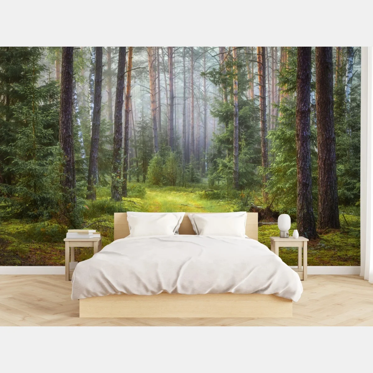 Fototapete nebliger kiefernwald mit pfad – Wallnifity® Fototapete nebliger kiefernwald mit pfad – Wallnifity®