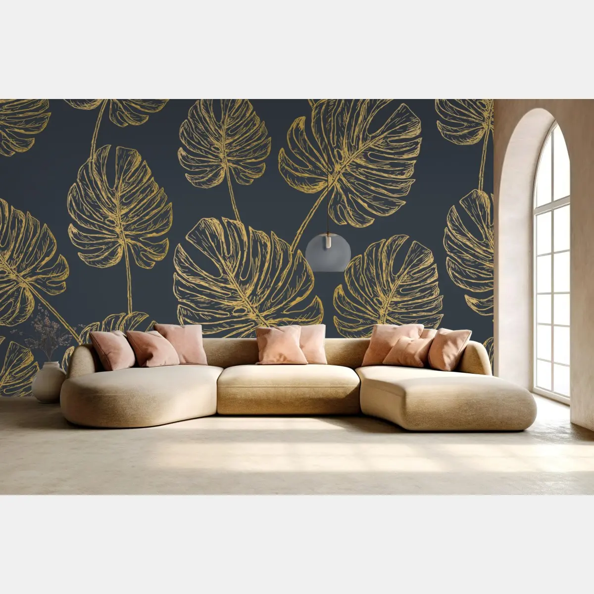 Fototapete goldene monstera-blätter auf dunklem hintergrund – Wallnifity®