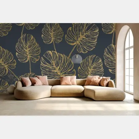 Fototapete goldene monstera-blätter auf dunklem hintergrund – Wallnifity®