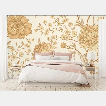 Fototapete vintage beiges blumenmuster mit pfingstrosen – Wallnifity®