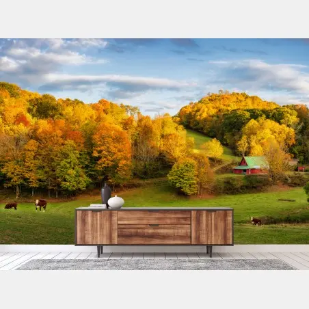 Fototapete herbstliche landschaft mit roter scheune – Wallnifity®