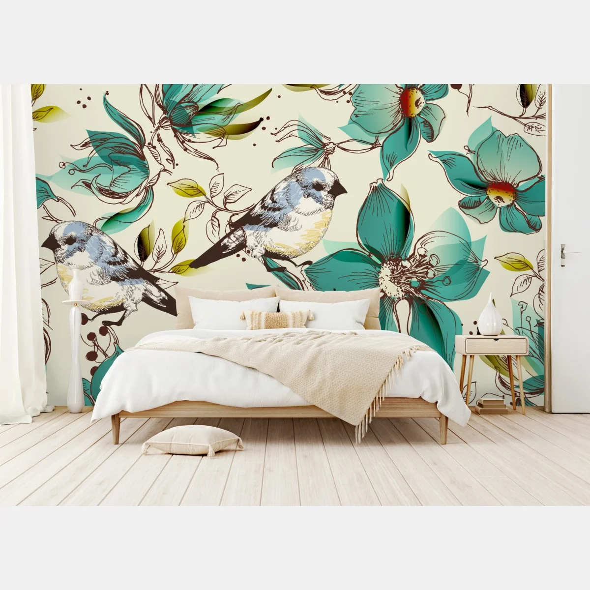 Fototapete retro türkis blumen- und vogelmuster – Wallnifity® Fototapete retro türkis blumen- und vogelmuster – Wallnifity®