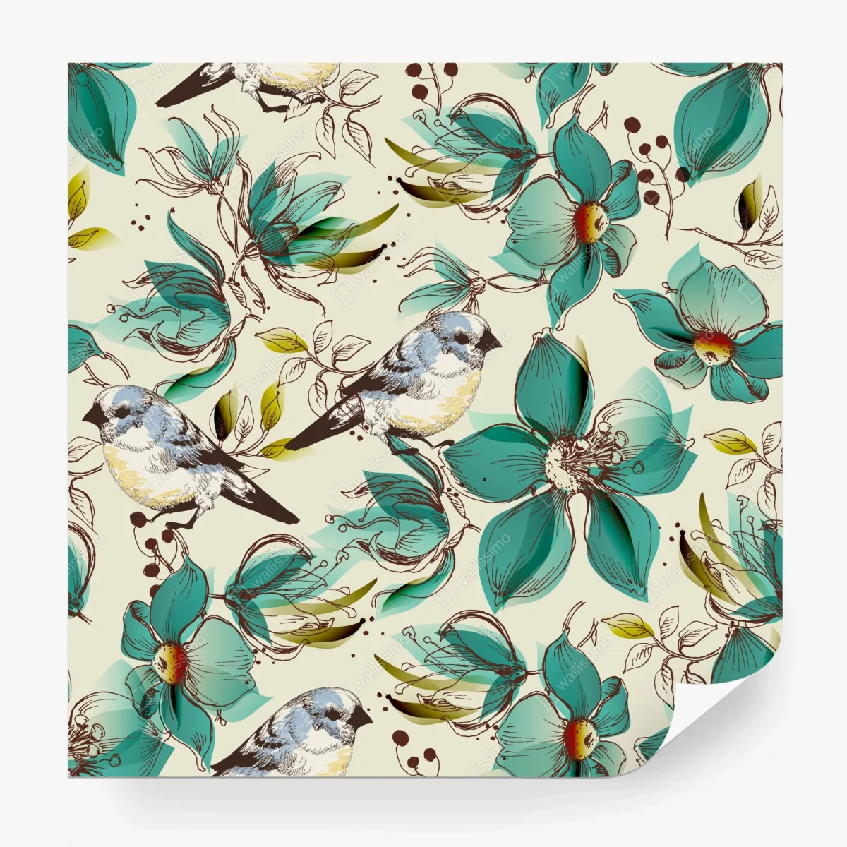 Fototapete retro türkis blumen- und vogelmuster – Wallnifity® Fototapete retro türkis blumen- und vogelmuster – Wallnifity®