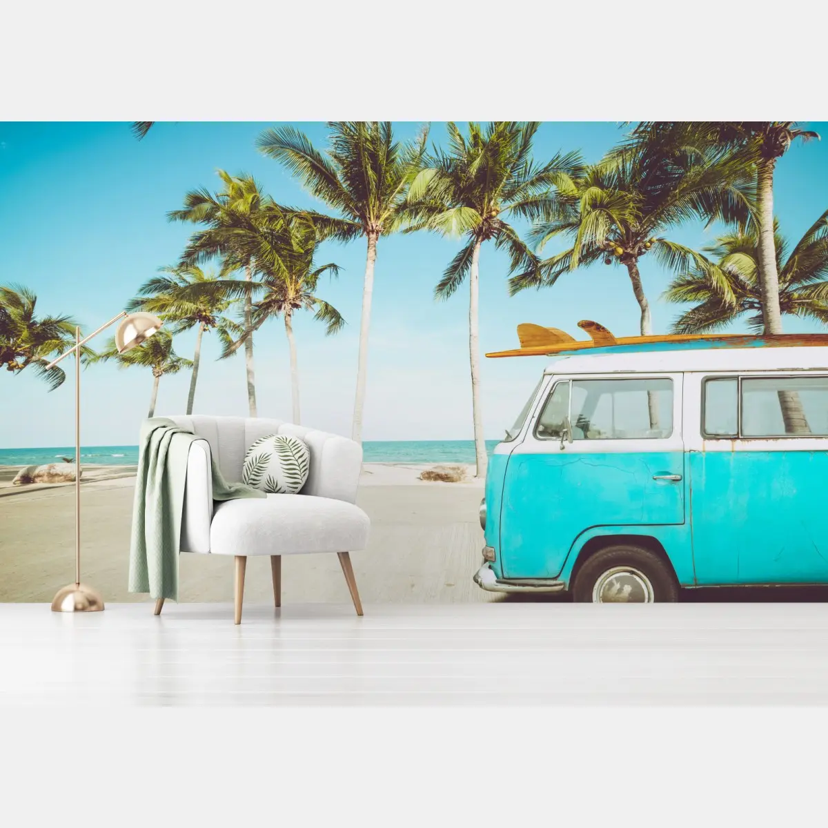 Fototapete vintage surfbus am tropischen strand – Wallnifity®