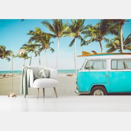 Fototapete vintage surfbus am tropischen strand – Wallnifity®