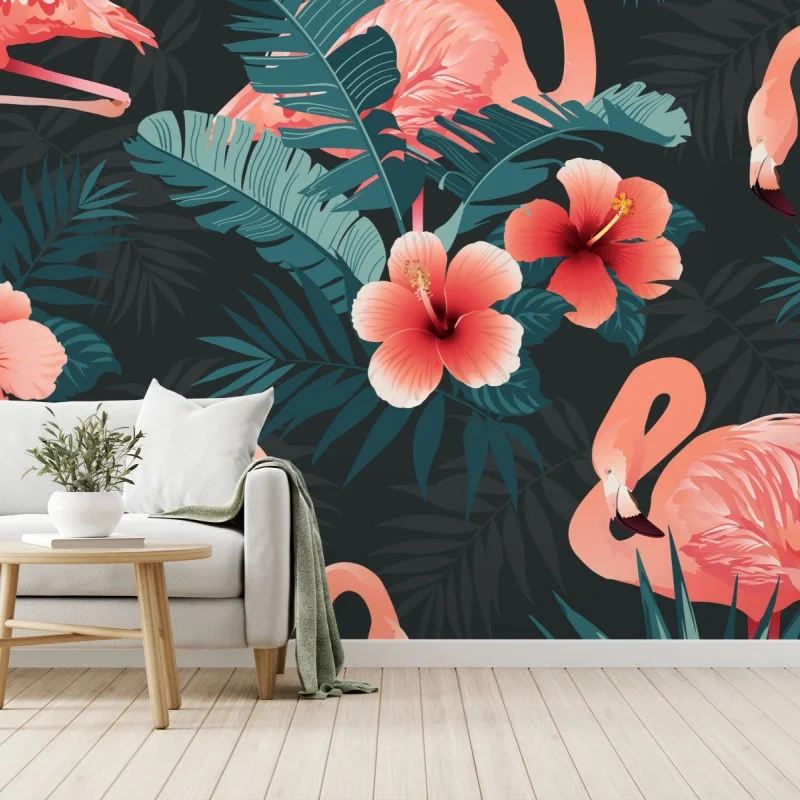Fototapete tropisches muster mit rosa flamingos – Wallnifity®