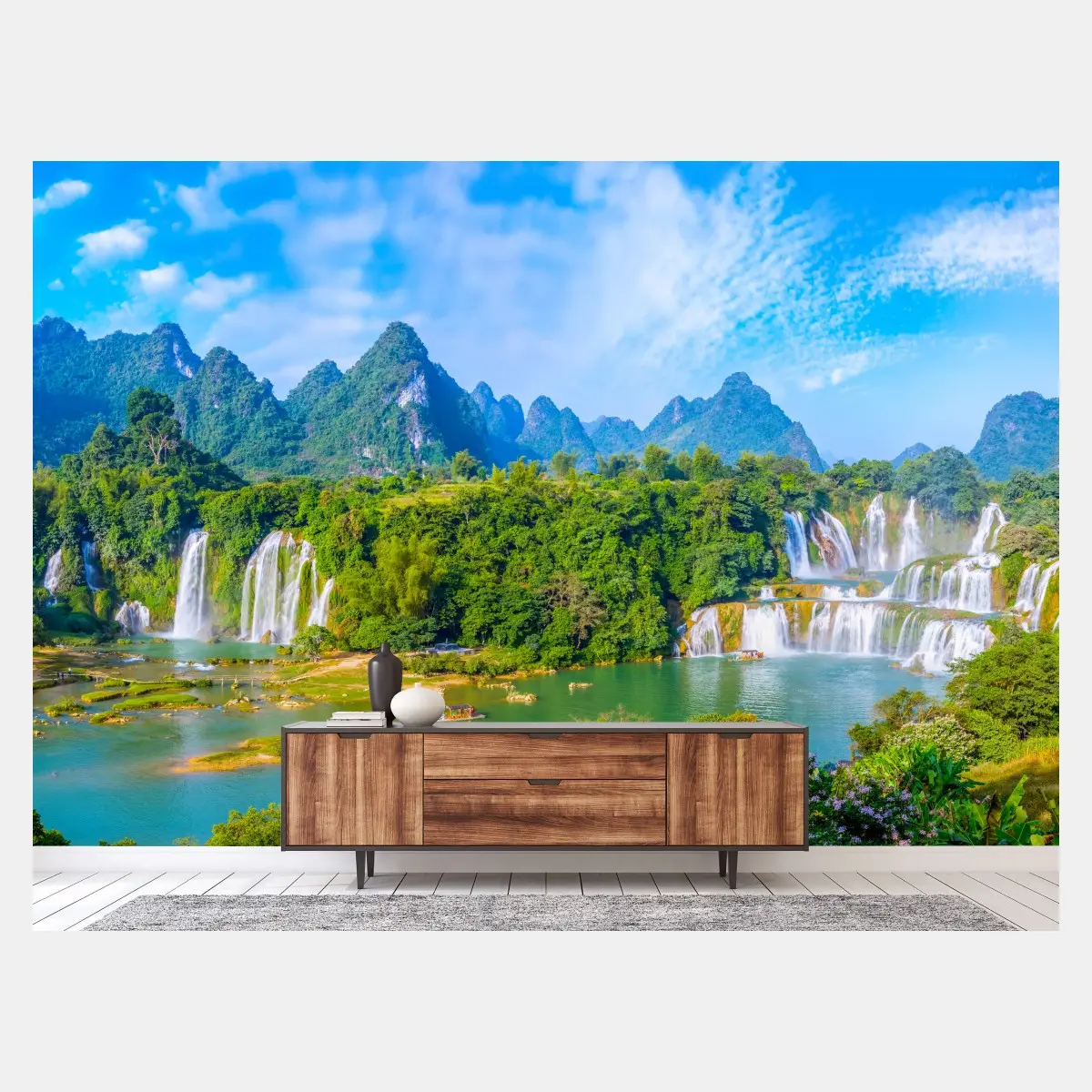 Fototapete üppige panoramaansicht eines wasserfalls mit karstbergen – Wallnifity®