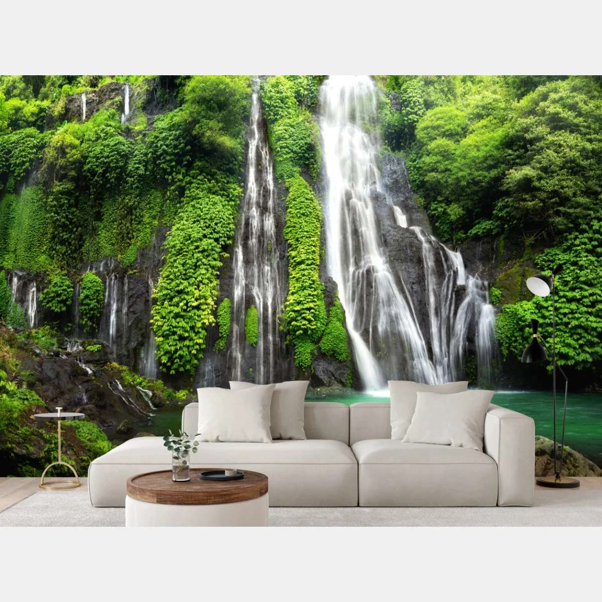 Fototapete ruhiger wasserfall im smaragdgrünen wald – Wallnifity® Fototapete ruhiger wasserfall im smaragdgrünen wald – Wallnifity®