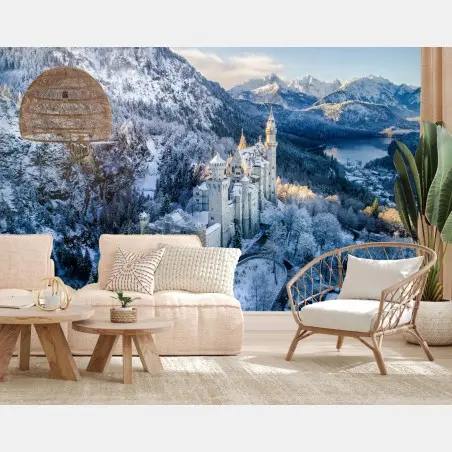 Fototapete winterliches schloss in verschneiten bergen – Wallnifity®