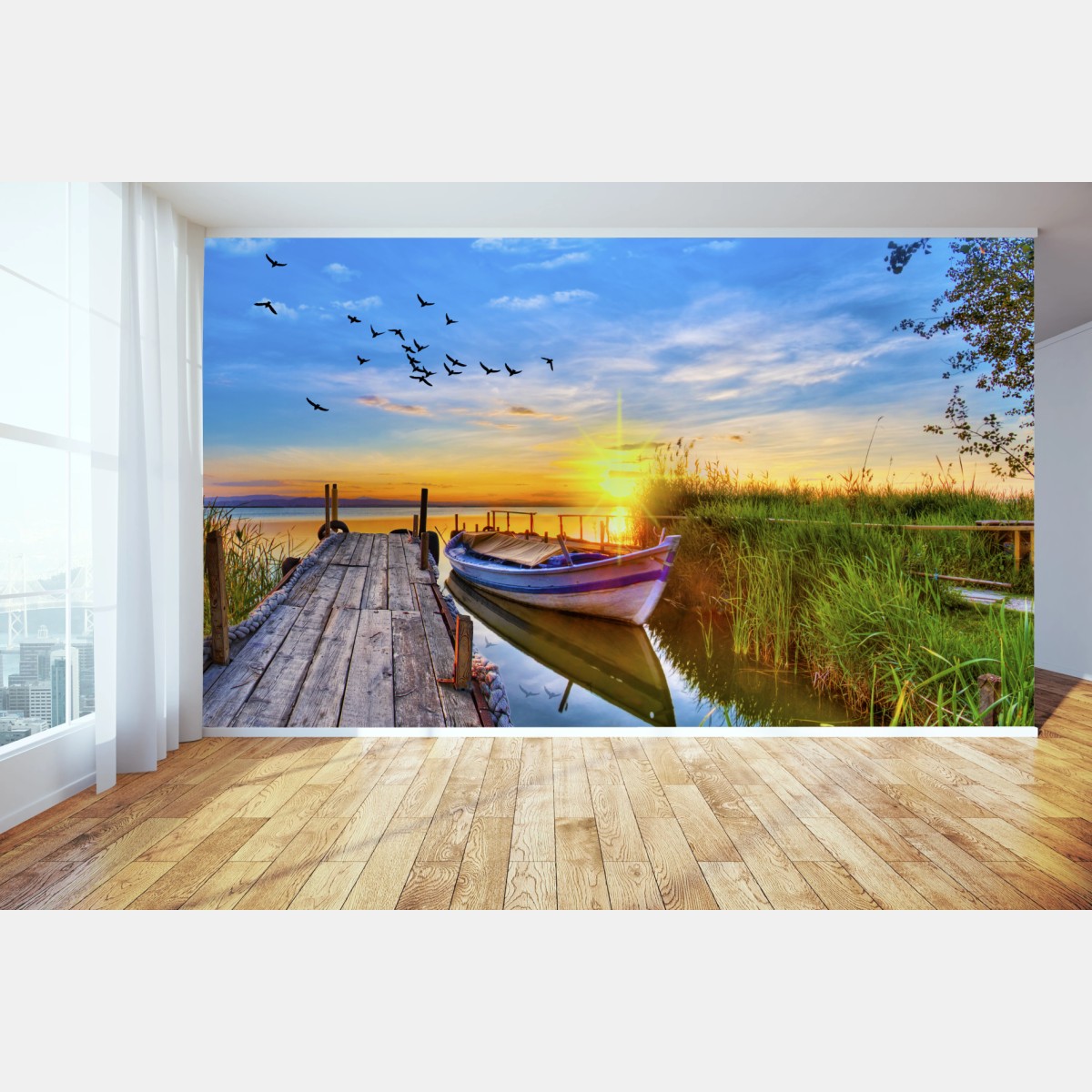Fototapete sonnenuntergang am see mit boot am steg – Wallnifity®