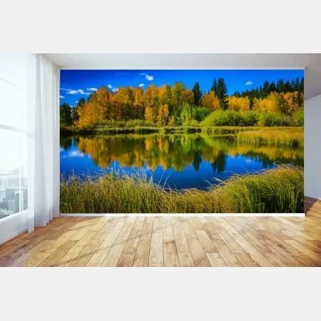 Fototapete herbstbäume spiegeln sich in einem ruhigen see – Wallnifity®