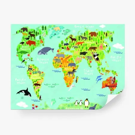 Fototapete bunte weltkarte mit tieren – Wallnifity®