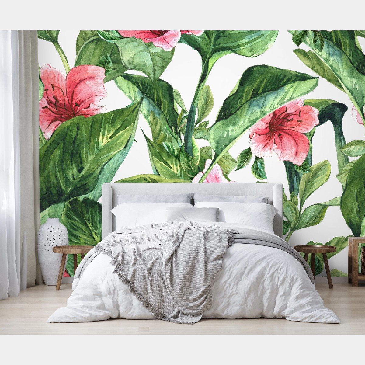 Fototapete rosa aquarell blumen botanikmotiv – Wallnifity®