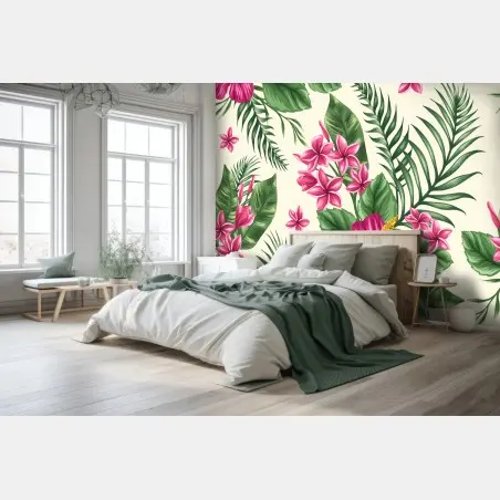 Fototapete tropisches muster mit rosa hibiskus – Wallnifity®