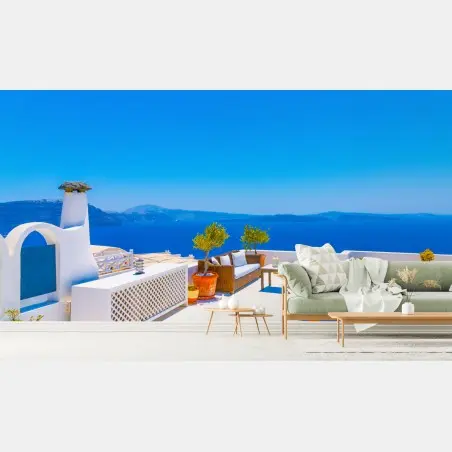 Fototapete terrasse in Oia mit meerblick, Santorini – Wallnifity®