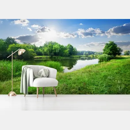 Fototapete sonnige wiese am fluss – Wallnifity®