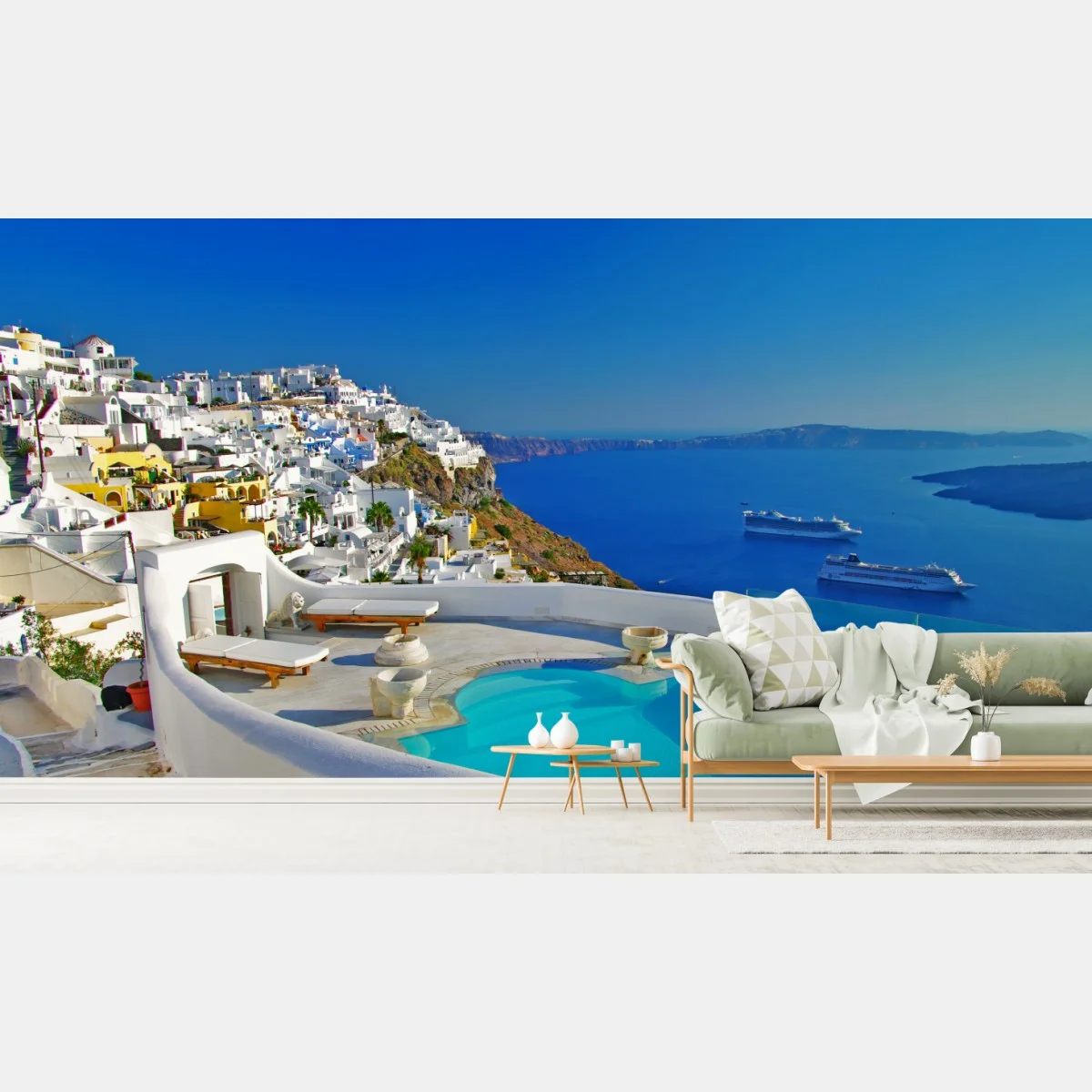 Fototapete Santorini meerblick mit pool – Wallnifity® Fototapete Santorini meerblick mit pool – Wallnifity®