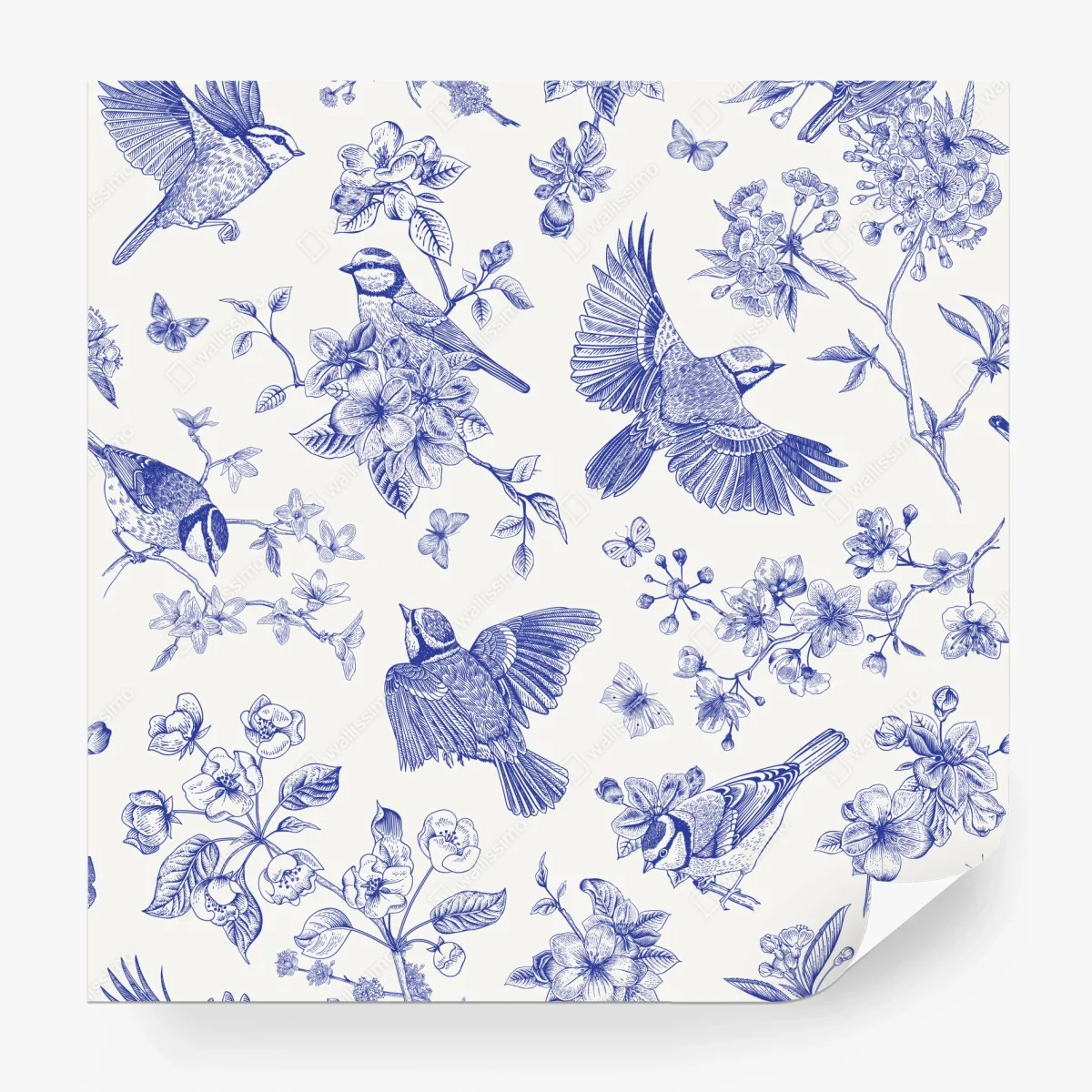 Fototapete blaues muster mit vögeln und blüten im vintage-stil – Wallnifity®