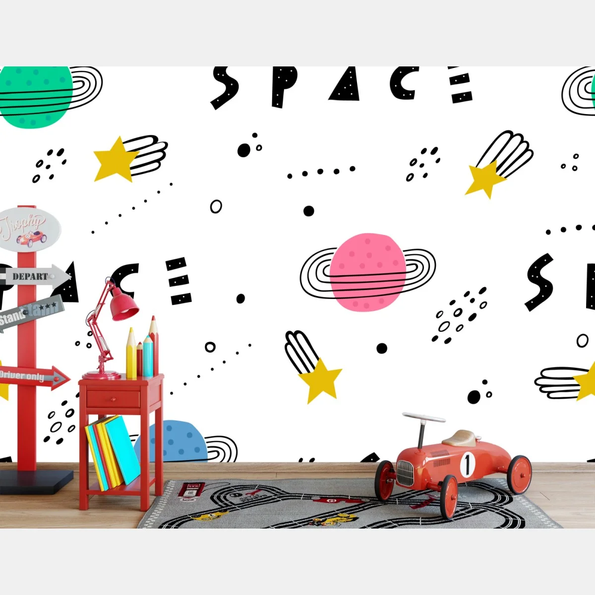 Fototapete verspieltes weltraummuster mit planeten – Wallnifity® Fototapete verspieltes weltraummuster mit planeten – Wallnifity®